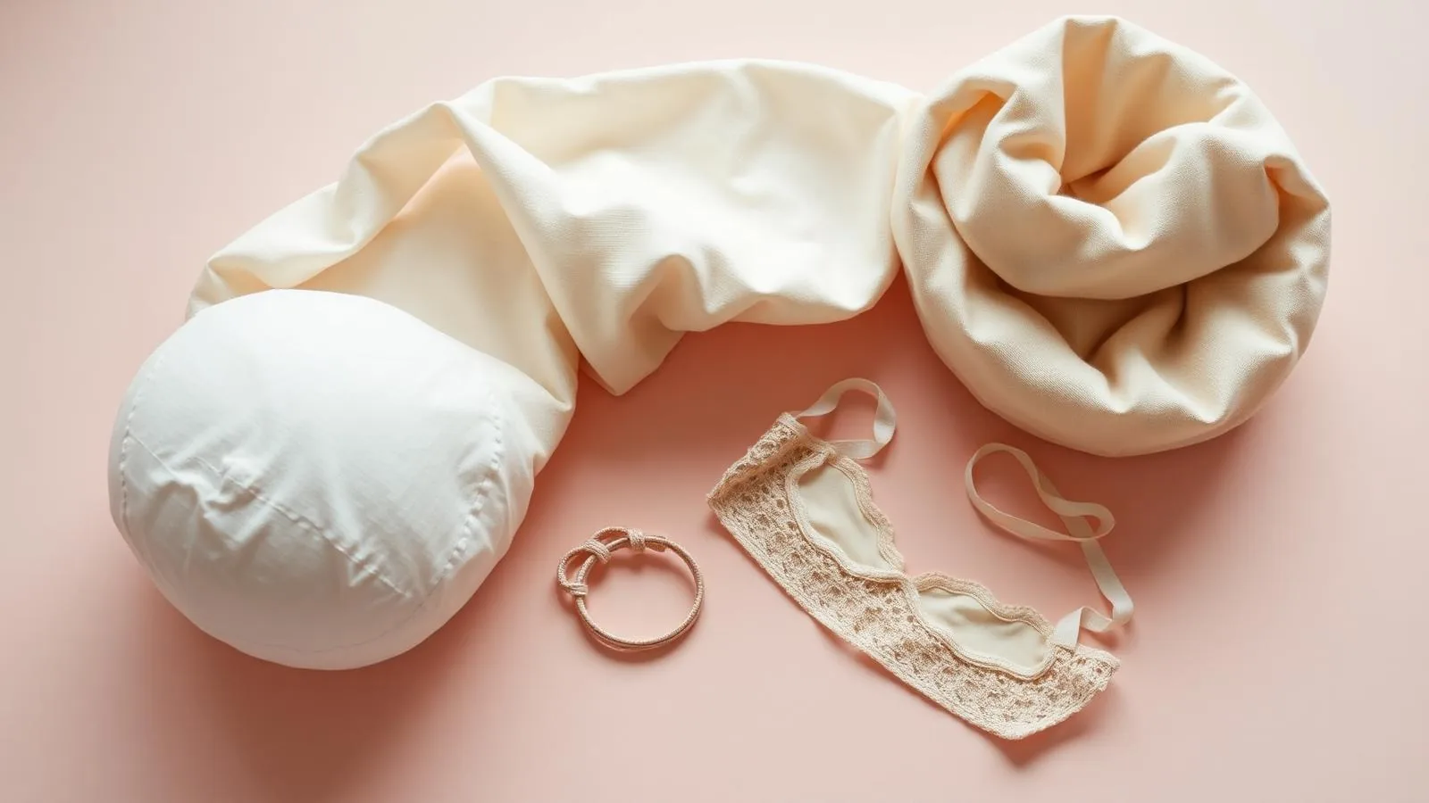 Forme textile moi și accesorii de lenjerie în nuanțe neutre, pe fundal roz pal