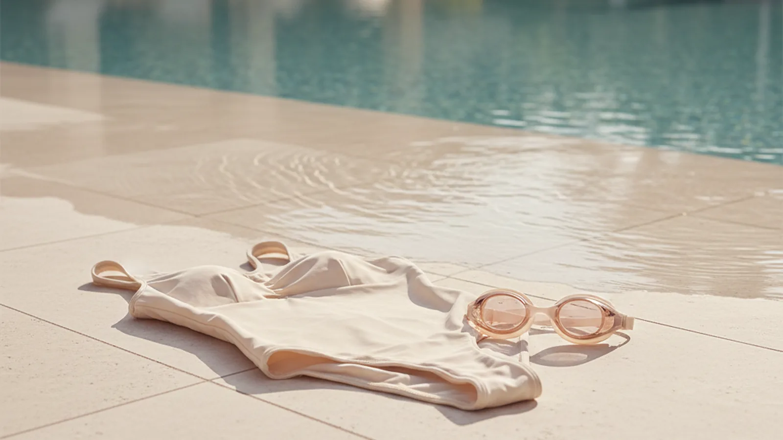 O femeie elegantă, cu spatele la aparatul de fotografiat, poartă un costum de baie întreg sportiv, de culoare închisă, și se pregătește să sară în piscină.
