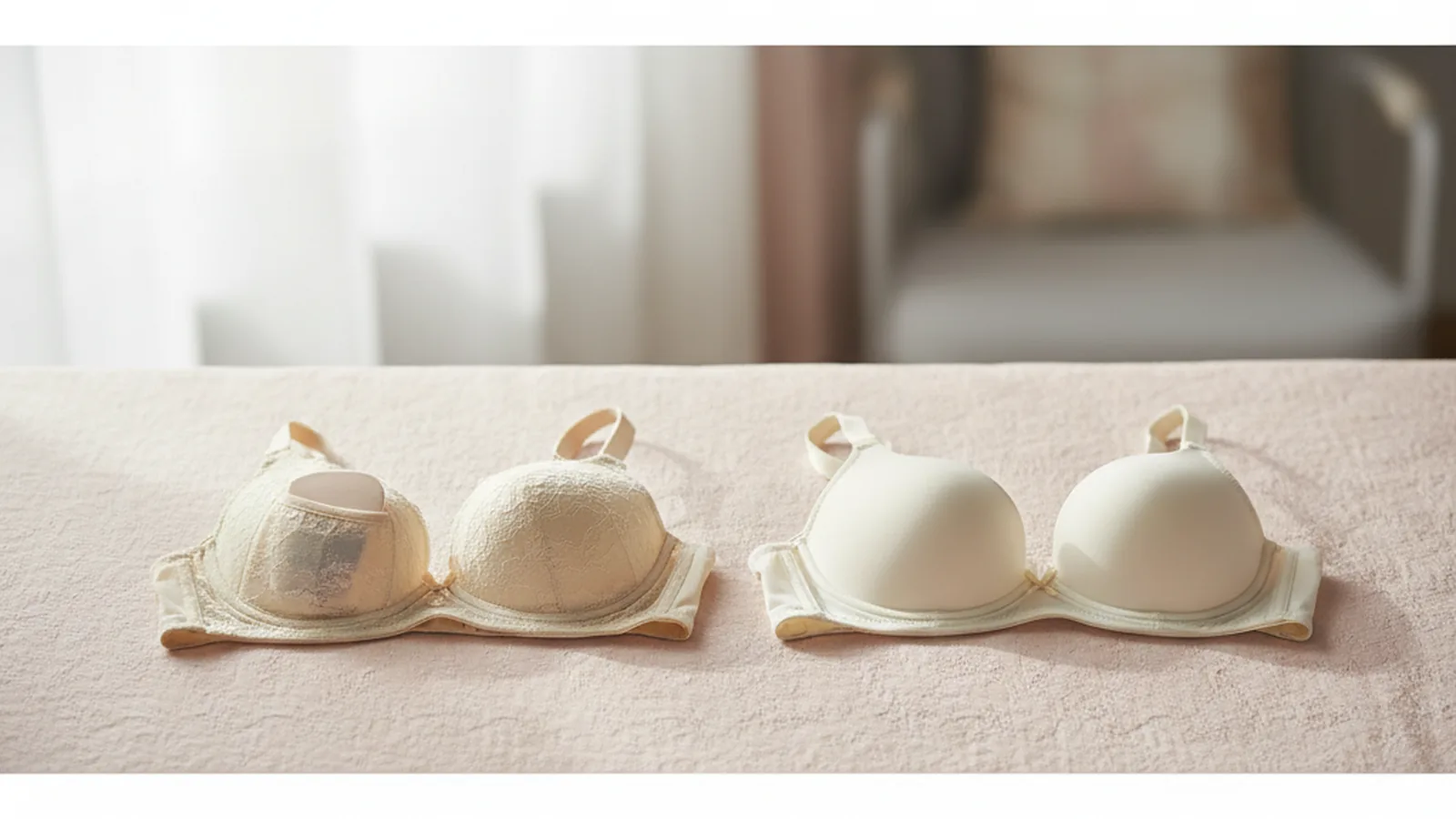 O femeie zâmbitoare, îmbrăcată într-un sutien postmastectomie elegant, stă în fața unei ferestre luminoase, simbolizând confortul și încrederea redobândită.