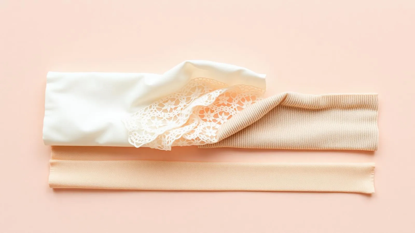 Mostre de bumbac, dantelă și material elastic așezate pe fundal roz pal